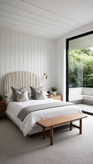 Fototapeta premium minimalist bedroom with a clean and serene aesthetic. The room features a large bed with a unique, curved headboard upholstered in a light, textured fabric