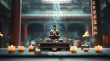 A serene Buddha statue in a tranquil temple setting, surrounded by candles and incense, evoking...