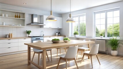 Fototapeta premium Modern kitchen table in bright room with blank white space, perfect for text overlays or product placement, [kitchen table copy space], [modern kitchen design]