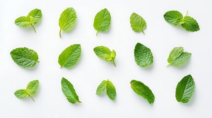 Fresh green leaves isolated on a white background, showcasing their vibrant color and natural freshness
