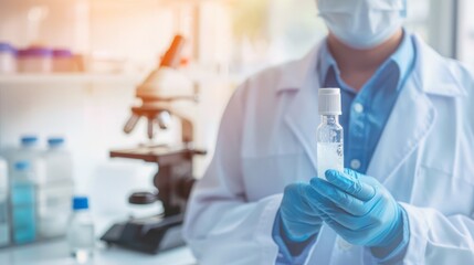 Fototapeta premium Scientist in lab coat holding vial of experimental drug, withmicroscope and scientific eauipment, symbolizing drug trials and medical researchprocess.