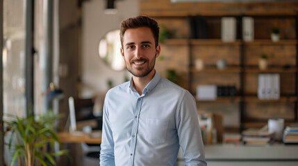 Fototapeta premium portrait of a happy businessman wearing light blue shirt standing in modern office looking at camera