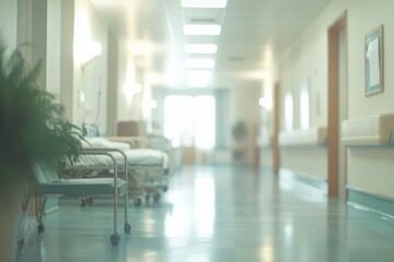 Fototapeta premium A blurred hospital corridor featuring empty beds and a serene atmosphere.