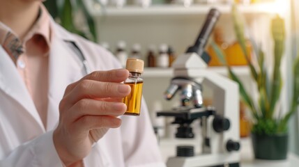 Scientist in lab coat holding vial of experimental drug, withmicroscope and scientific eauipment, symbolizing drug trials and medical researchprocess.