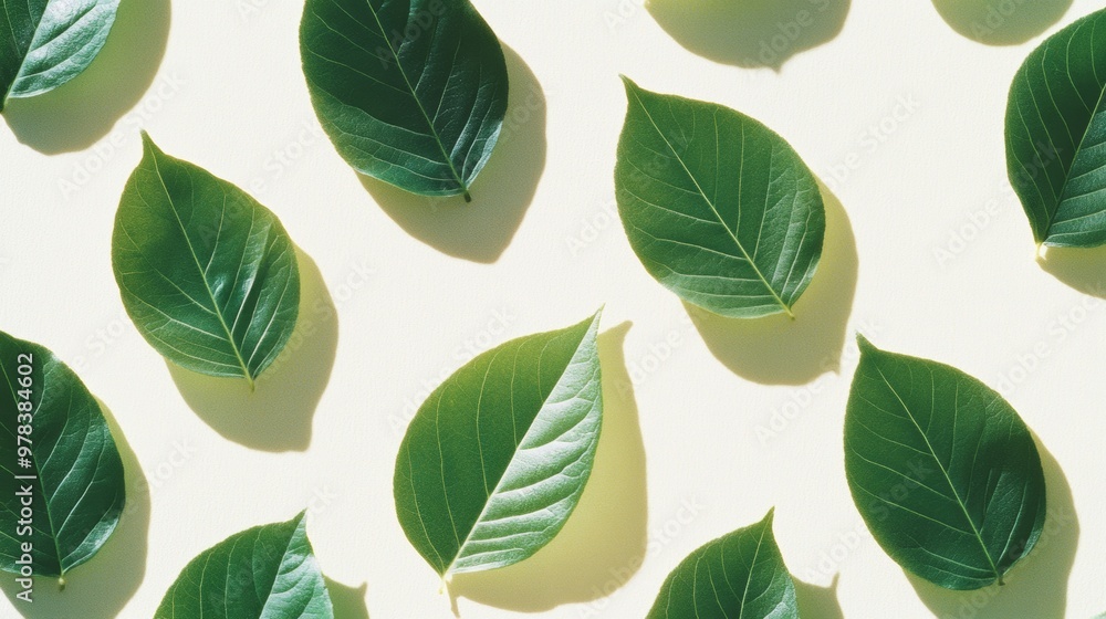 Aufkleber bright sunny day with green leaf pattern on cream background - simple clean composition with warm, c