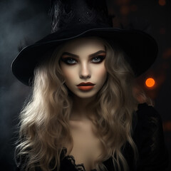 Beautiful girl, white skin, sharp eyes, 19 years old, wearing a costume and a witch's hat, beautiful makeup, eyeliner. very beautiful lips.