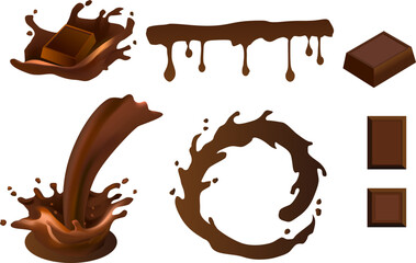 Set of liquid and bar chocolates, chocolate bars, swirls and drops, chocolate flakes, cocoa beans, for graphic design or other purposes.