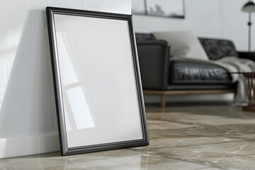 Blank Black frame Mockup up display for painting, minimalistic black and white themed living room, simple, HD, home, aesthetic, poster display, wall