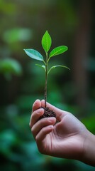 A close-up of a hand holding a young plant, symbolizing growth and environmental conservation in a lush, green background.