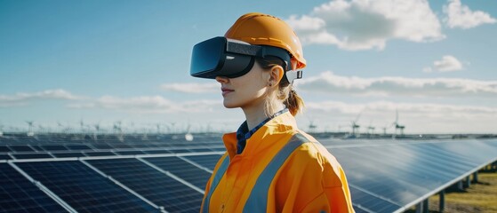 A female engineer in a virtual reality headset inspects a solar farm, blending technology with renewable energy solutions.