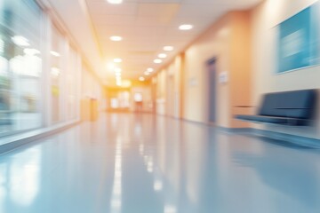 A blurred view of a hospital corridor with seating and soft lighting.