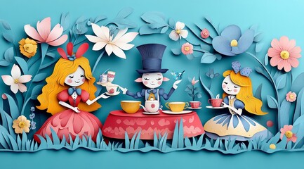 Whimsical Tea Party with Cute Characters in Fantasy Garden