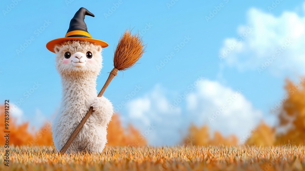 Wall mural a cute and whimsical alpaca dressed in witchs hat holds broomstick, set against vibrant autumn lands