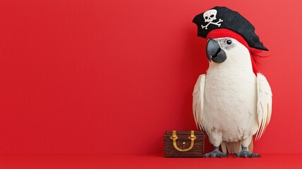 A playful parrot dressed as pirate stands beside treasure chest against vibrant red background, exuding fun and adventurous spirit