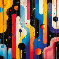 Abstract colorful design with fluid shapes and orbs on a dark background.