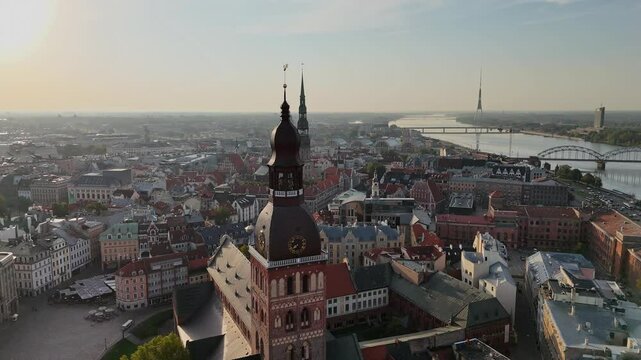 Aerial view of Riga Dome Cathedral, Daugava River, Vansu Bridge, historic city center in the afternoon on a summer or autumn day, Latvia, Europe