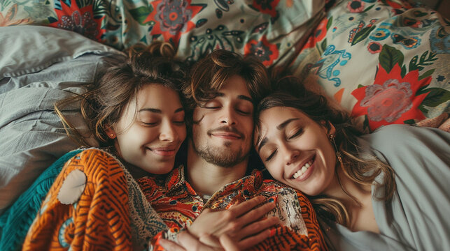 Three friends people lovers embracing lying together in bed. Friendship, happiness togetherness. Ethical non-monogamy polyamory relationship concept.
