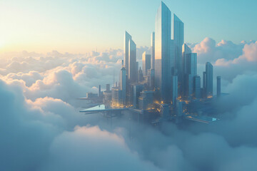 A floating geometric city above the clouds