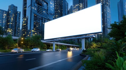 Blank billboard in a cityscape at night with modern skyscrapers and car lights, ideal for advertising and marketing concepts.