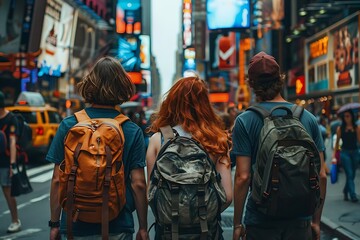 Obraz premium Three travelers with backpacks walking in a busy urban street.