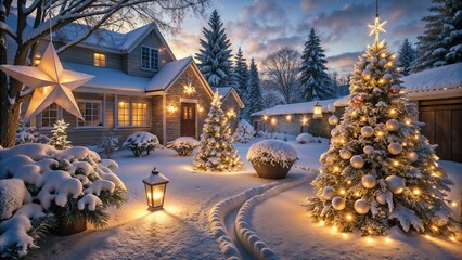Festive Christmas garden with decorated trees and star lanterns in snowy evening