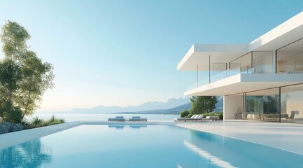 Fototapeta premium Modern Villa with Infinity Pool Overlooking a Sea