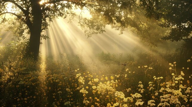 Sunbeams Through the Mist in a Tranquil Forest