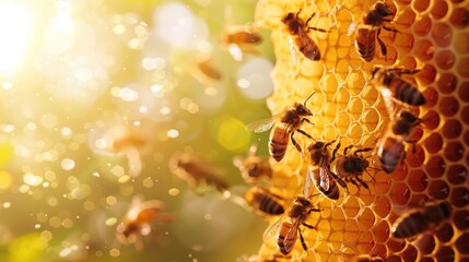 A close-up view of a number of honeybees actively foraging in a golden beehive bathed in warm sunlight