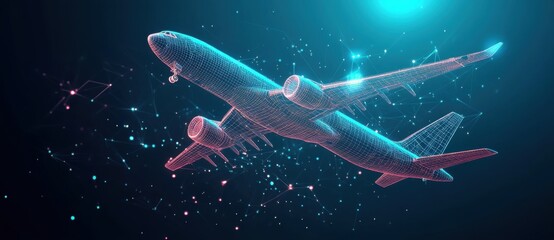 Lowpoly digital wireframe hologram of an airplane on a blue background with glowing dots and lines
