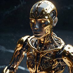 A human-robot hybrid with gold circuitry embedded in its skin