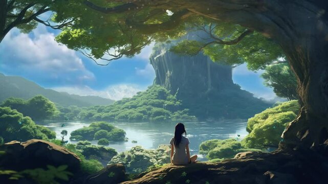 A cute anime girl sitting under the big tree with relaxed