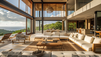 Fototapeta premium Open-plan living spaces with natural materials, earthy tones, and large windows that bring in abundant natural light and stunning views. South African Contemporary 