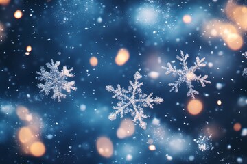 Fototapeta premium Snowflakes falling on a blue background with bokeh lights, a Christmas and New Year abstract illustration.