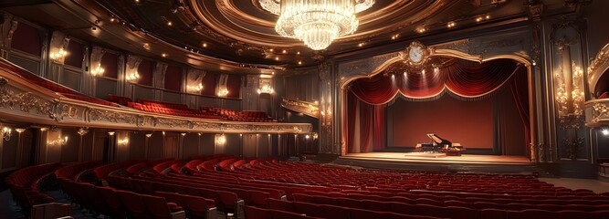 Obraz premium 35. **A grand concert hall with plush red seats, a stage, and a large chandelier. The background includes detailed architectural features and elegant decor.