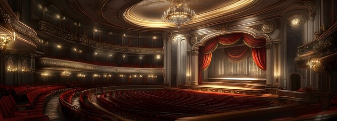 35. **A grand concert hall with plush red seats, a stage, and a large chandelier. The background includes detailed architectural features and elegant decor.
