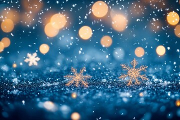 Fototapeta premium Snowflakes falling on a blue background with bokeh lights, a Christmas and New Year abstract illustration.