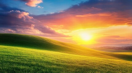 Beautiful sunset over rolling hills with a bright sky and lush green grass.