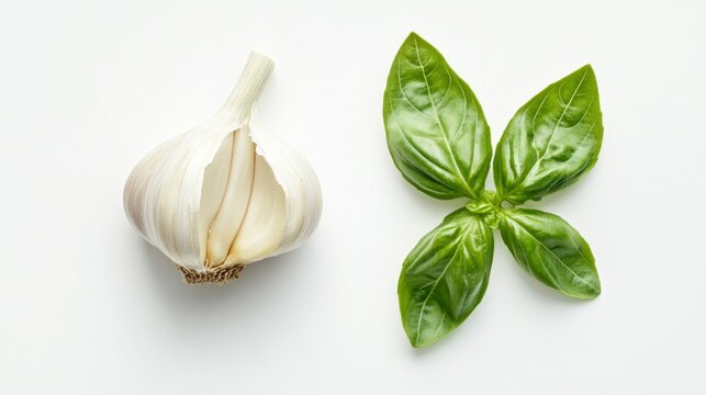 7. High-angle view of a garlic clove and a basil leaf, meticulously arranged on a pure white background, showcasing their textures and colors