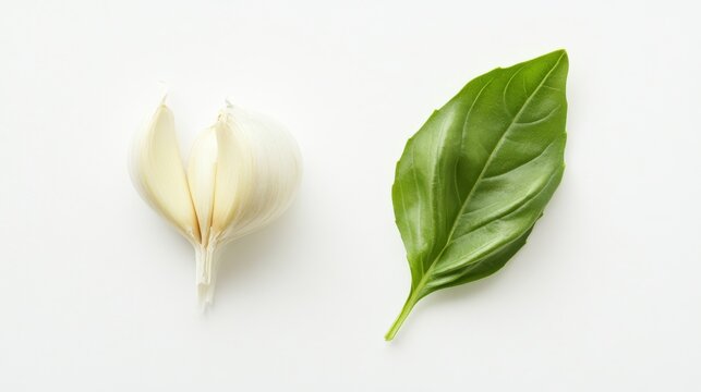 10. Top view of a single garlic clove and a basil leaf, perfectly isolated on a clean white background, highlighting their natural forms and vibrant green