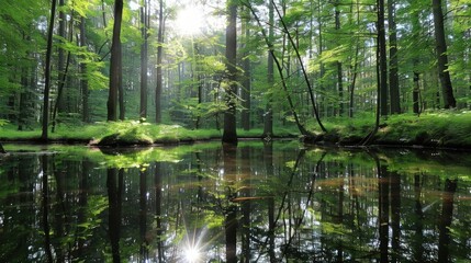 Fototapeta premium Sunlight Reflecting on a Forest Pond