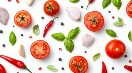 16. Top view of a creative layout featuring tomatoes, basil leaves, chili peppers, onions, and garlic, all isolated on a white background, forming a vibrant pattern