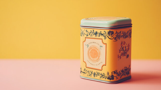 A vintage-style tin container with intricate floral designs sits on a pastel pink surface against a yellow background.