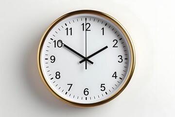 A round wall clock displaying the time with a simple design.