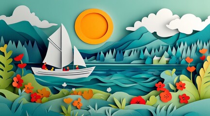 Naklejka premium Colorful Paper Craft Landscape with Sailboat on Lake and Mountains