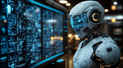 Futuristic AI Robot Analyzing Data on High-Tech Screen Generative AI