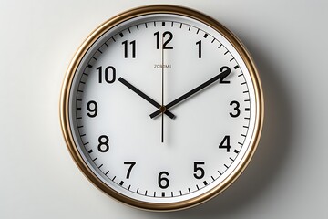 A simple wall clock with a white face and gold rim, displaying time.