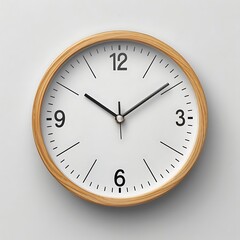 A simple wall clock with a wooden frame and clear white face.