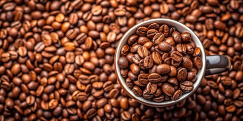 Fototapeta premium Close-up top view of a cup filled with roasted coffee beans, roasted, coffee, beans, cup, close-up, top view, morning, aroma