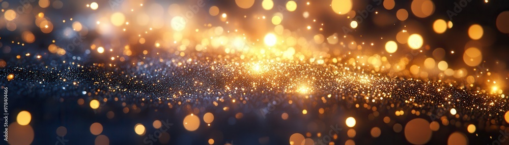 Poster golden glittering bokeh abstract background with bright glowing lights and sparkles, perfect for fes