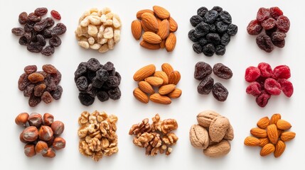 Obraz premium 47. High-angle shot of assorted dried fruits and nuts, highlighting the diversity of textures and colors, with a focus on healthy snacking, set against a clean white background